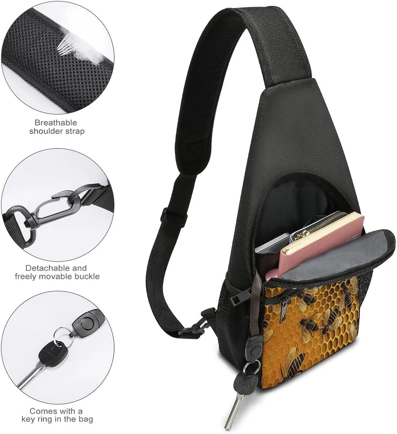 Small Sling Chest Bag Crossbody Bag for Men Women,Bees on Hive Lightweight Gym Daypack for Travel Cycling Hiking