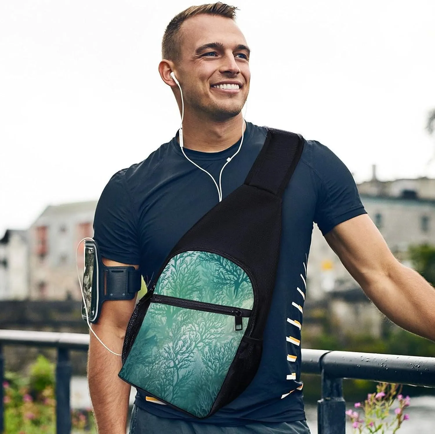 Small Sling Chest Bag Crossbody Bag for Men Women,Green Sea Blue Seaweed Lightweight Gym Daypack for Travel Cycling Hiking