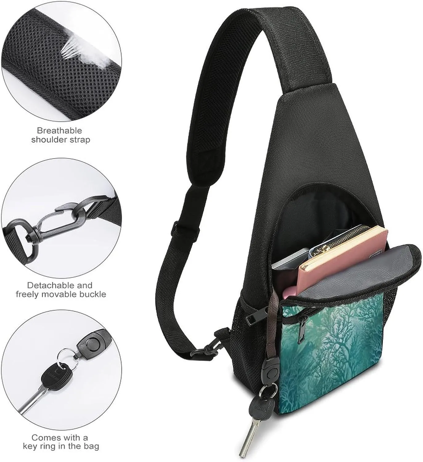 Small Sling Chest Bag Crossbody Bag for Men Women,Green Sea Blue Seaweed Lightweight Gym Daypack for Travel Cycling Hiking