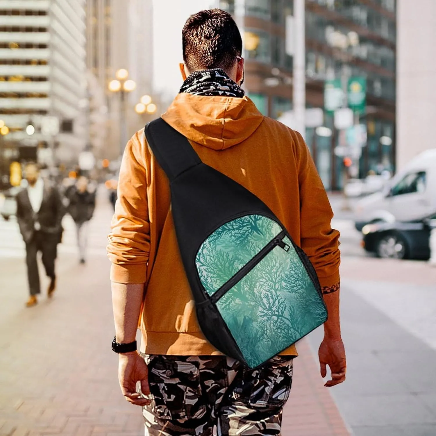 Small Sling Chest Bag Crossbody Bag for Men Women,Green Sea Blue Seaweed Lightweight Gym Daypack for Travel Cycling Hiking