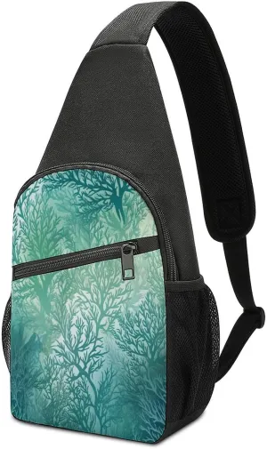 Small Sling Chest Bag Crossbody Bag for Men Women,Green Sea Blue Seaweed Lightweight Gym Daypack for Travel Cycling Hiking