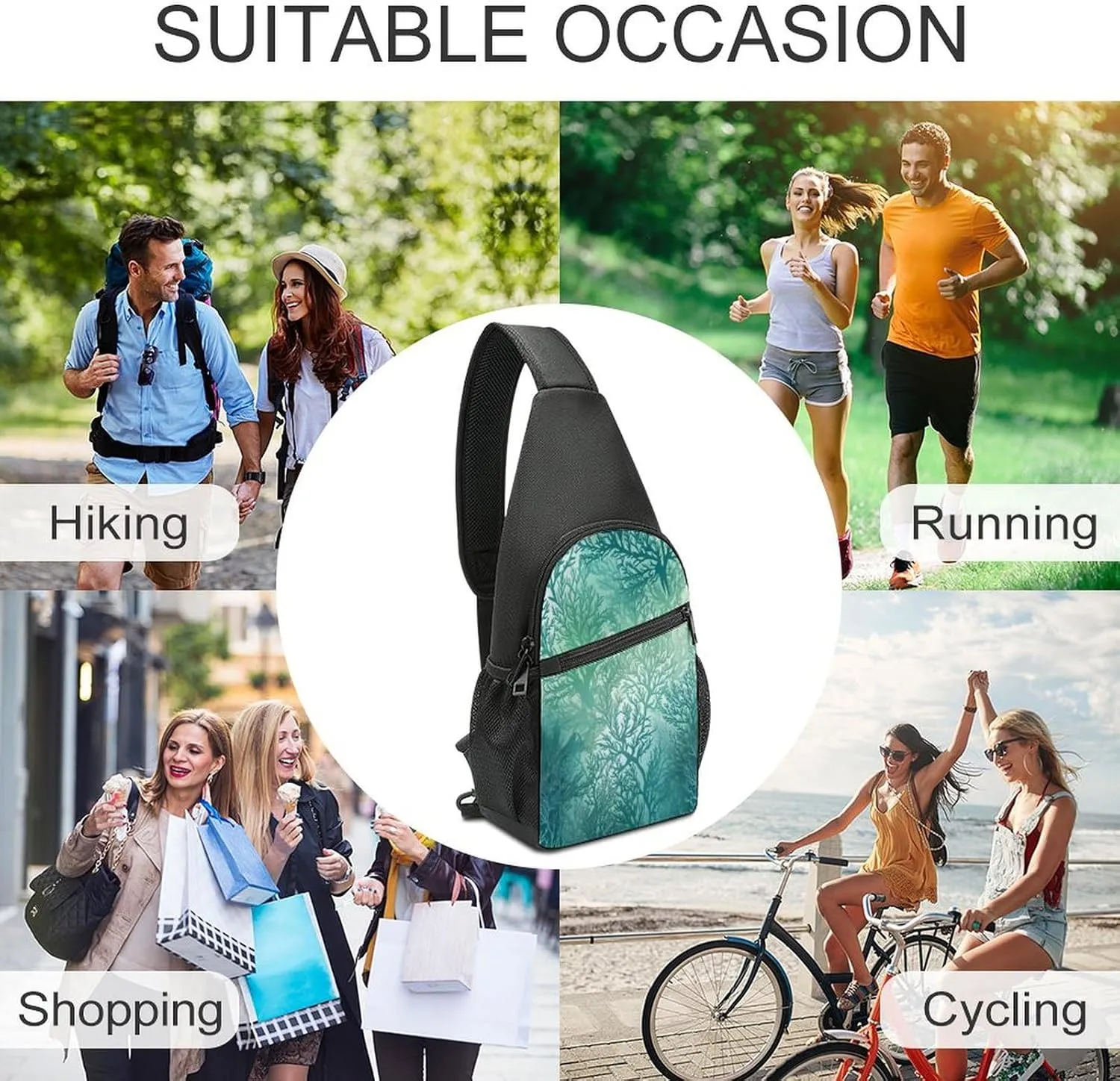 Small Sling Chest Bag Crossbody Bag for Men Women,Green Sea Blue Seaweed Lightweight Gym Daypack for Travel Cycling Hiking