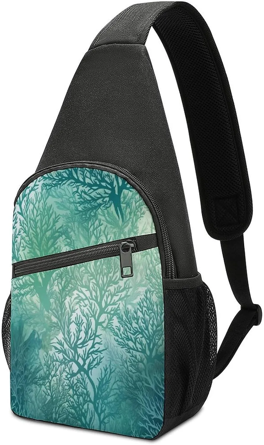 Small Sling Chest Bag Crossbody Bag for Men Women,Green Sea Blue Seaweed Lightweight Gym Daypack for Travel Cycling Hiking