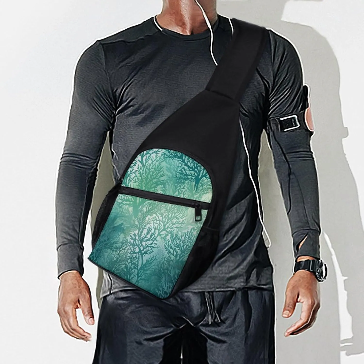 Small Sling Chest Bag Crossbody Bag for Men Women,Green Sea Blue Seaweed Lightweight Gym Daypack for Travel Cycling Hiking