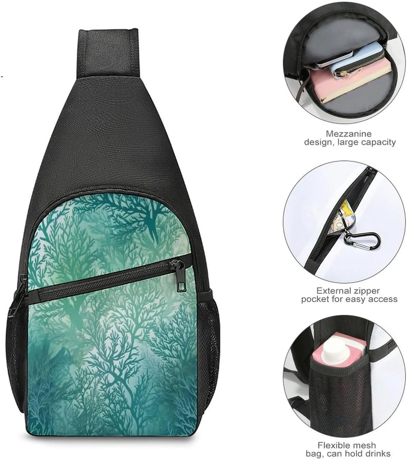 Small Sling Chest Bag Crossbody Bag for Men Women,Green Sea Blue Seaweed Lightweight Gym Daypack for Travel Cycling Hiking