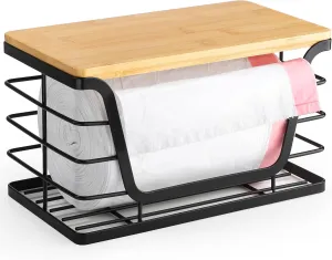 Small Trash Bag Holder with Bamboo Top, Wall Mount Standard Garbage Bag Dispenser for Laundry Room Organization/Kitchen Under Sink, Suitable for Small Size Roll