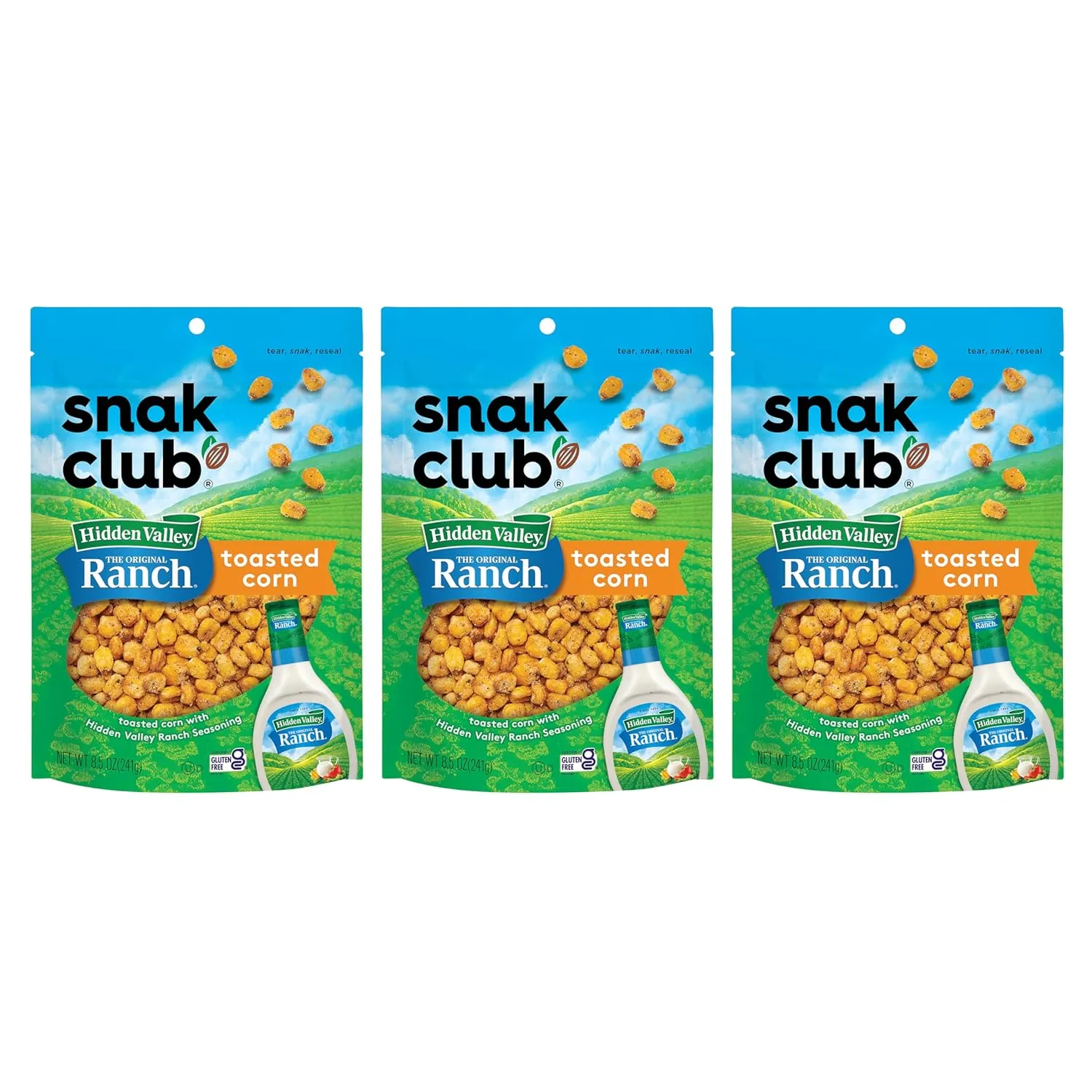 Snak Club Toasted Corn with Hidden Valley Ranch Seasoning, Roasted and Salted Corn Nuggets, Gluten-Free and Kosher Snack, 8.5 oz Resealable Bags, 3 Pack
