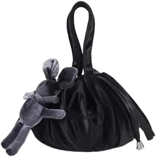 Soft Velvet Makeup Pouch with Cute Bunny Charm - Ideal for On - the - Go Beauty Needs! (Black)