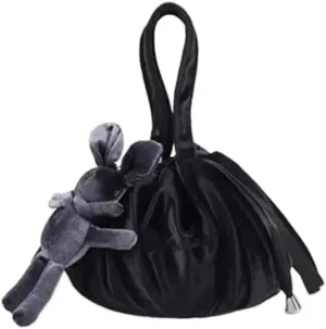 Soft Velvet Makeup Pouch with Cute Bunny Charm - Ideal for On - the - Go Beauty Needs! (Black)
