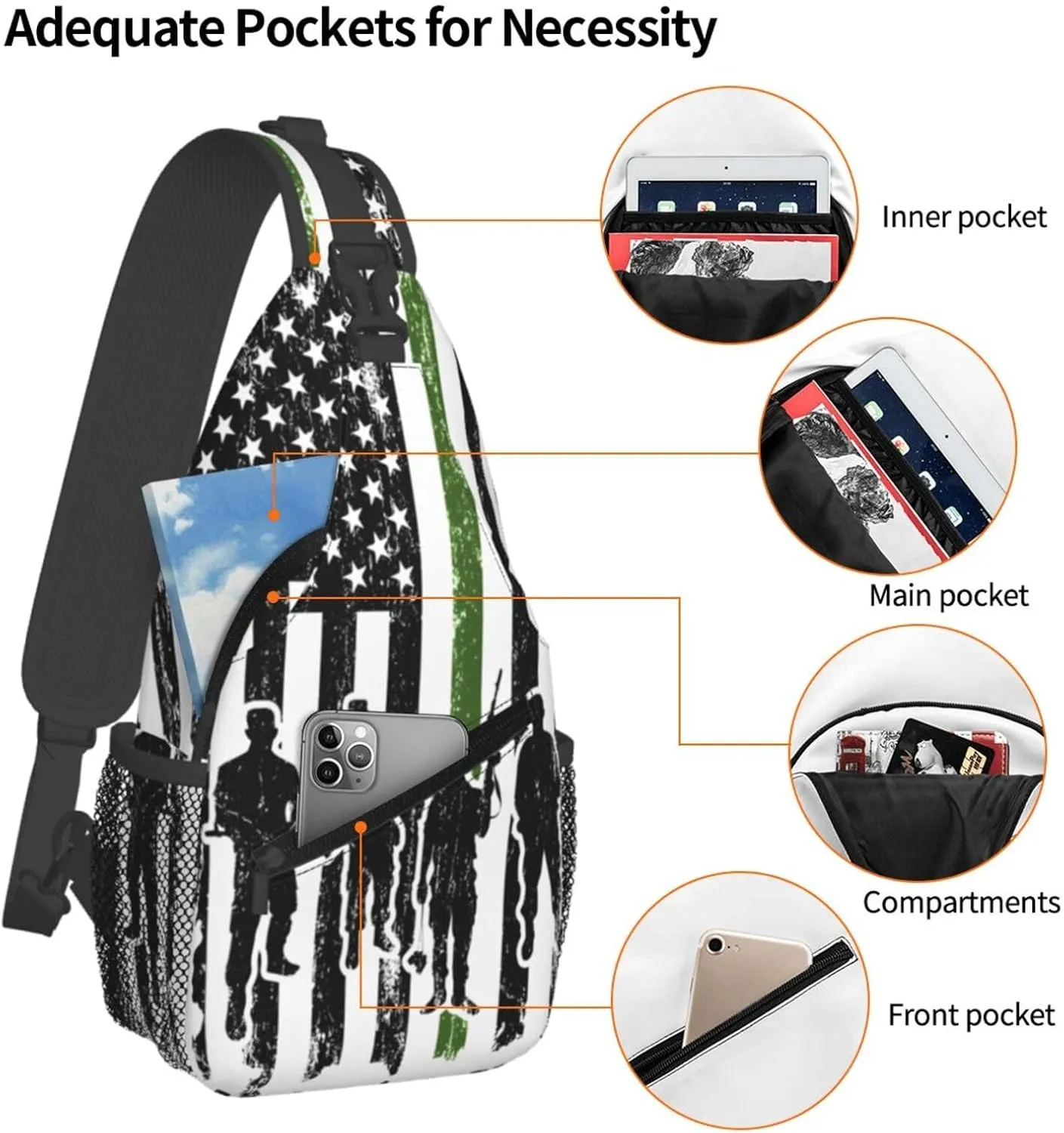 Soldiers American Flag Crossbody Sling Bag Chest Bags Casual Shoulder Backpack Sport Fanny Pack Gym Diagonally Daypack with Adjustable Strap for Running