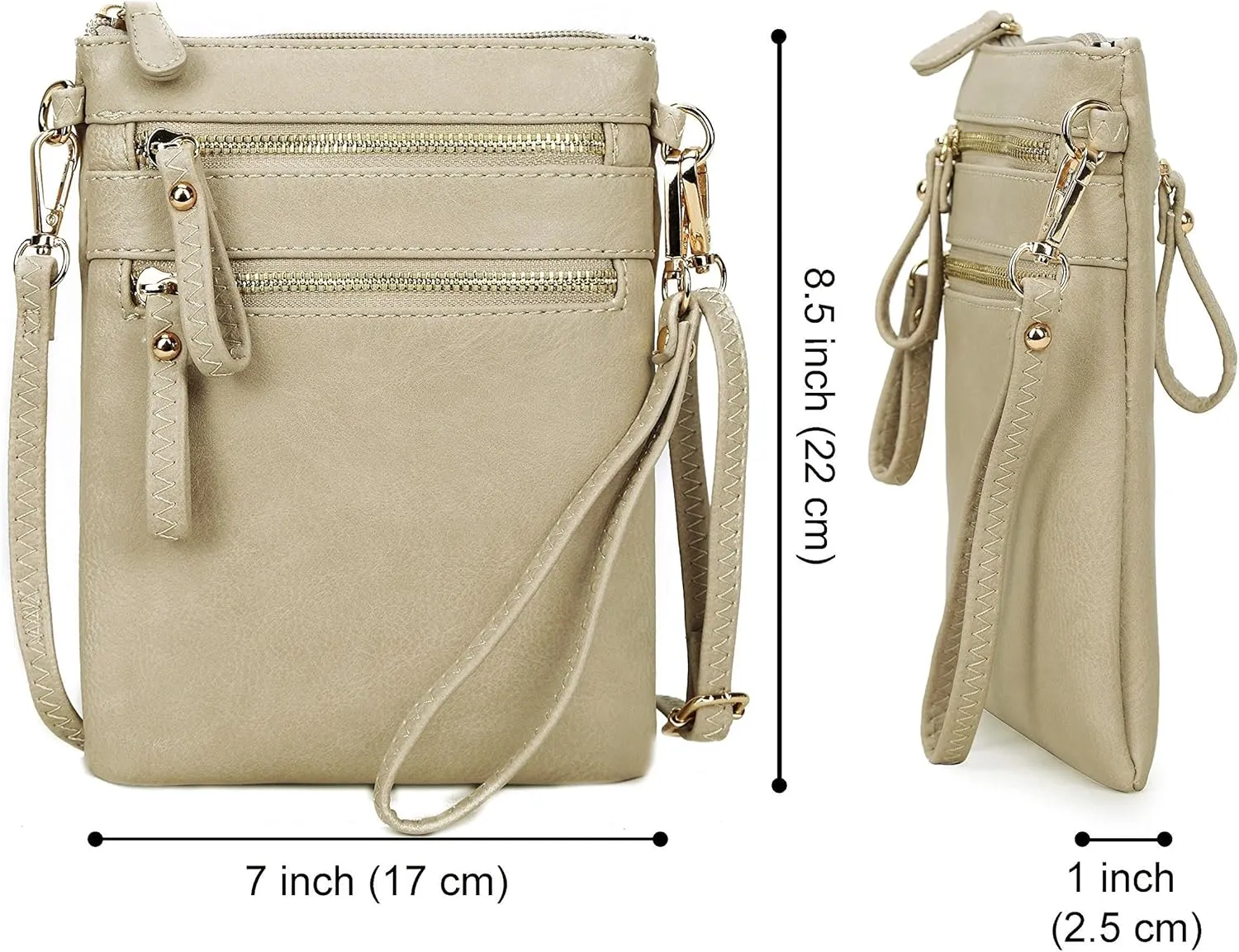 Solene Small Crossbody Bag for Women, Multi Zip Pockets with Detachable Wristlet, Lightweight Travel Purse, Cell Phone Pouch