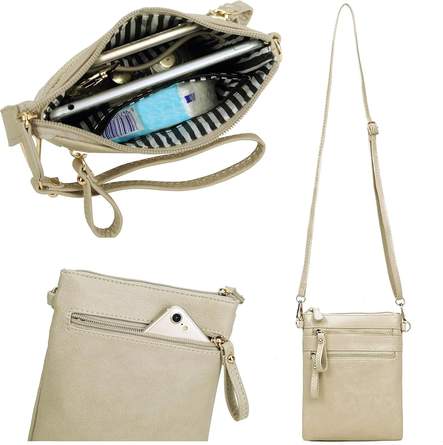 Solene Small Crossbody Bag for Women, Multi Zip Pockets with Detachable Wristlet, Lightweight Travel Purse, Cell Phone Pouch
