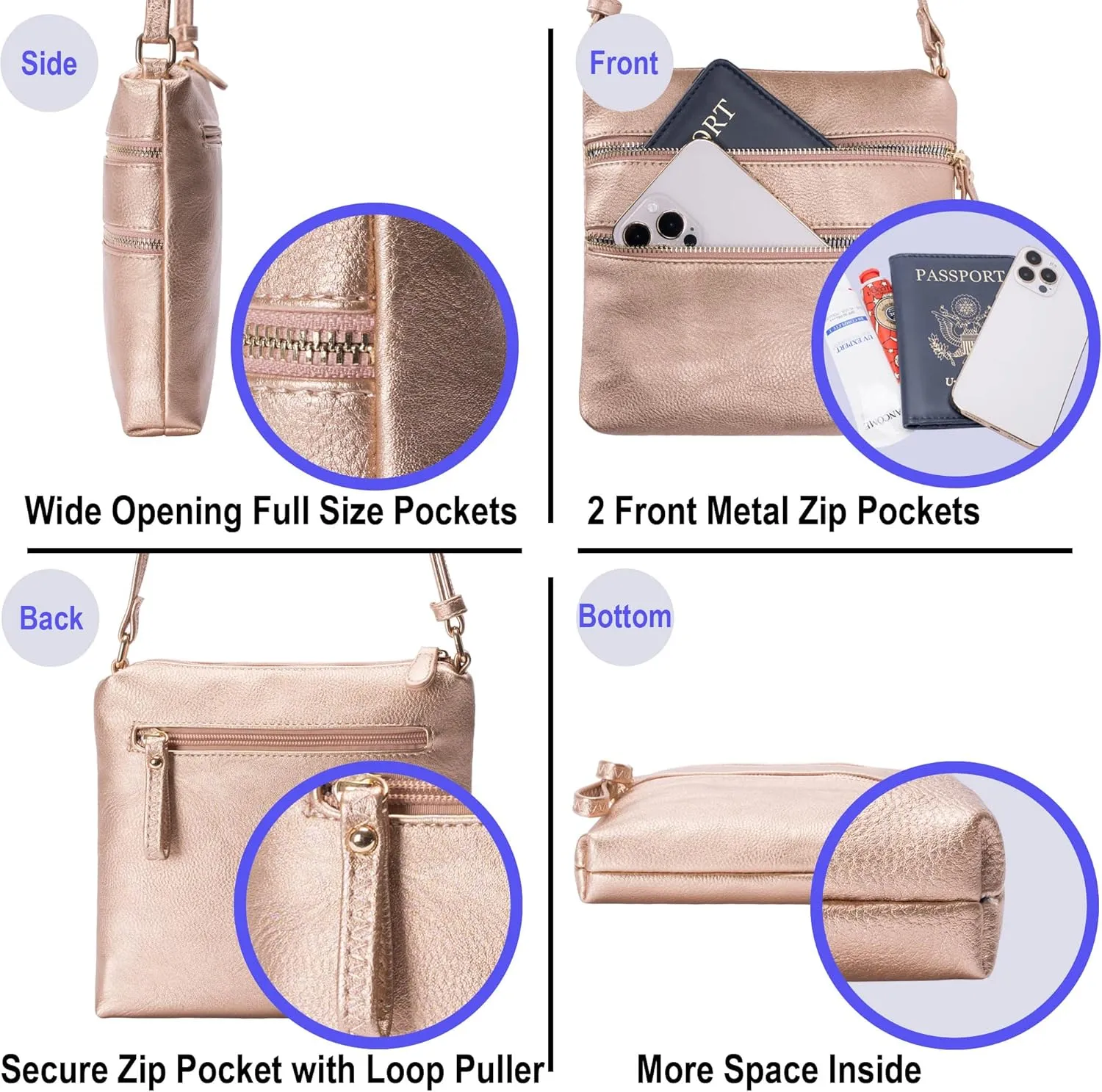 Solene Small Multi Zipper Pocket Crossbody Bag with Adjustable Strap, Lightweight Travel Purse, Daily Small Messenger Pouch