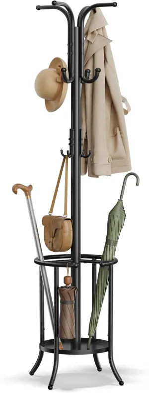 SONGMICS Freestanding Coat Rack with Umbrella Holder, Metal Stand with 12 Hooks, For Entryways, Hallways, Living Rooms, Bedrooms, Ink Black