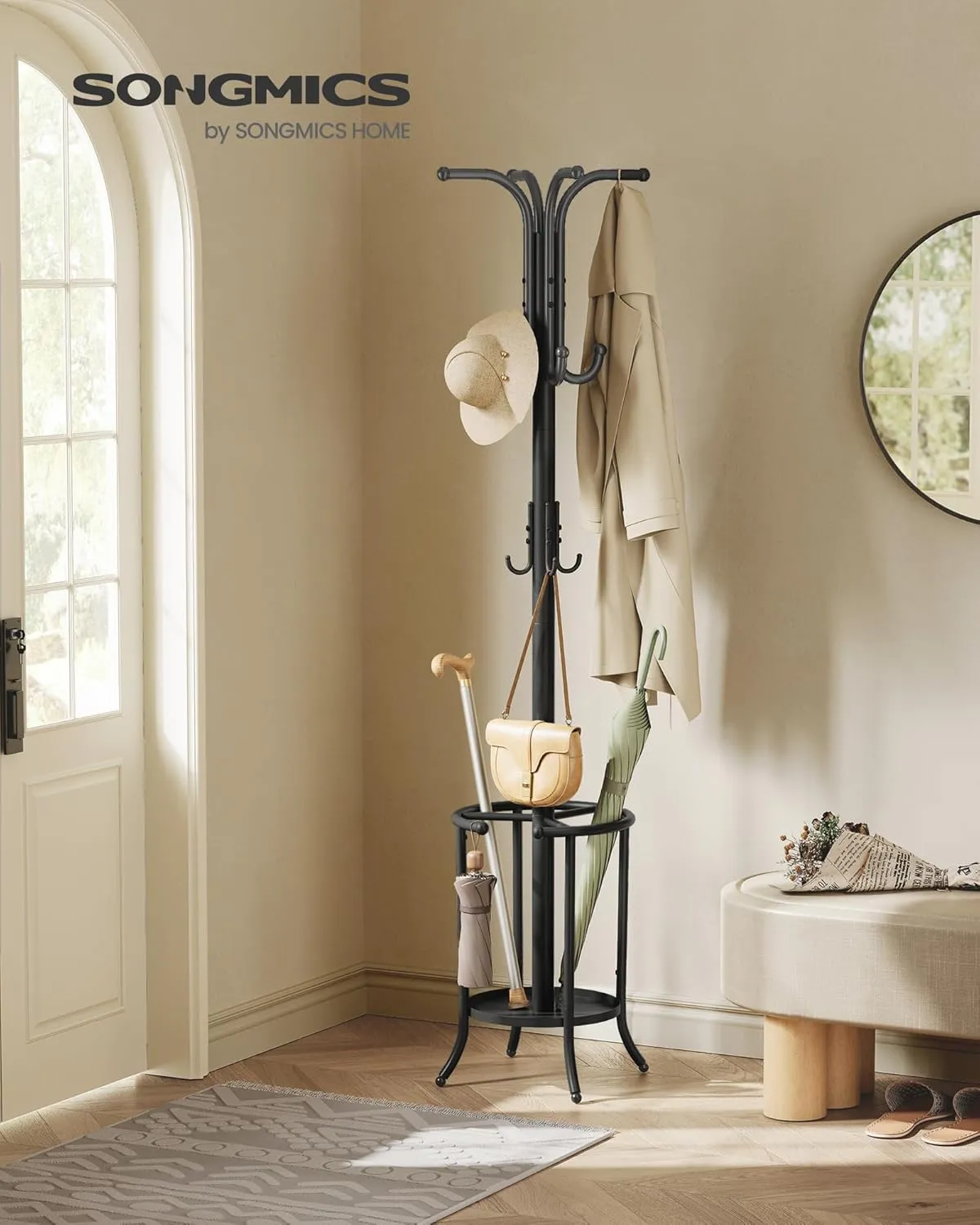 SONGMICS Freestanding Coat Rack with Umbrella Holder, Metal Stand with 12 Hooks, For Entryways, Hallways, Living Rooms, Bedrooms, Ink Black