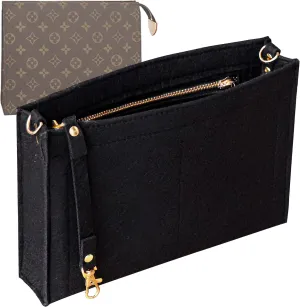 Soyizom Toiletry Pouch - 26cm Bag Organizer Insert, Felt Purse Organizer Insert for Ladies Tote Handbag Liner with Keychain & Gold Buckle & Zip (Large, Black)