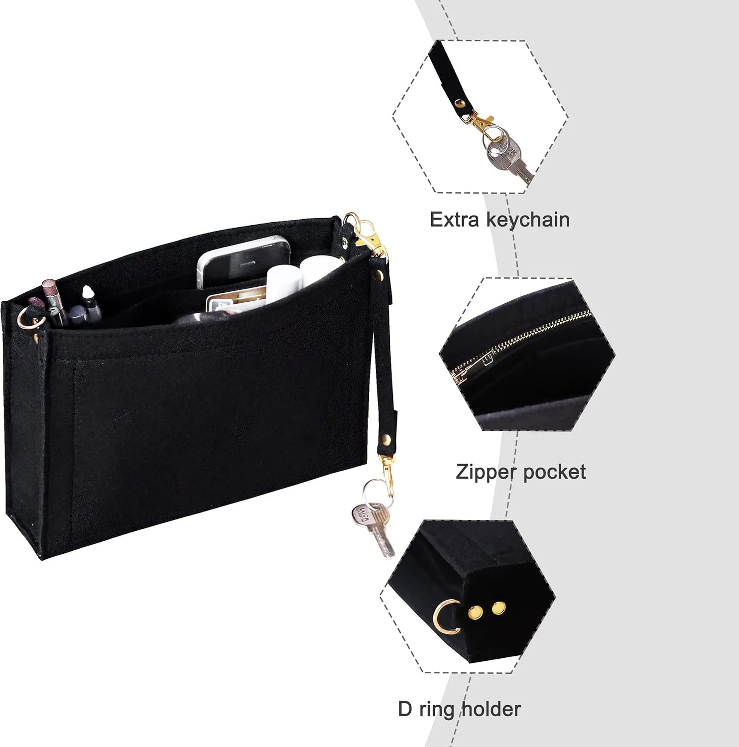 Soyizom Toiletry Pouch - 26cm Bag Organizer Insert, Felt Purse Organizer Insert for Ladies Tote Handbag Liner with Keychain & Gold Buckle & Zip (Large, Black)