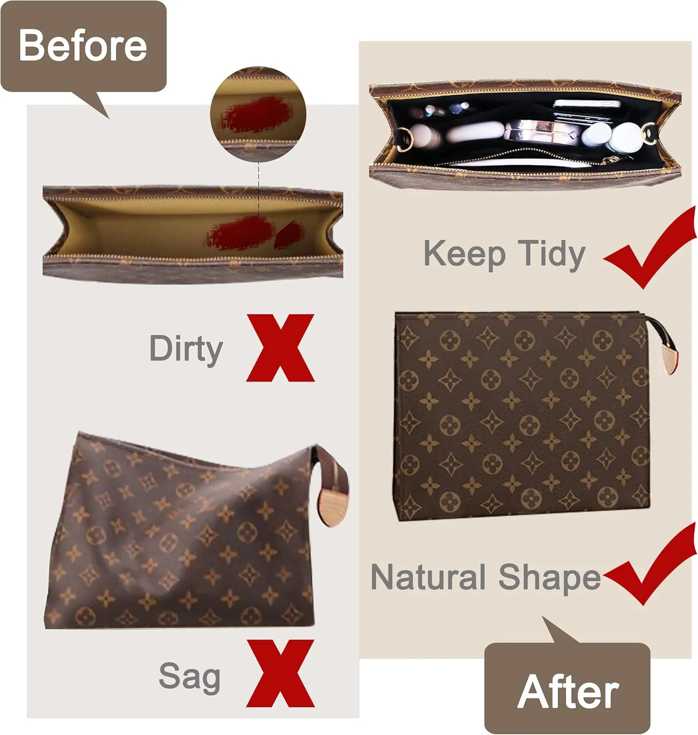 Soyizom Toiletry Pouch - 26cm Bag Organizer Insert, Felt Purse Organizer Insert for Ladies Tote Handbag Liner with Keychain & Gold Buckle & Zip (Large, Black)