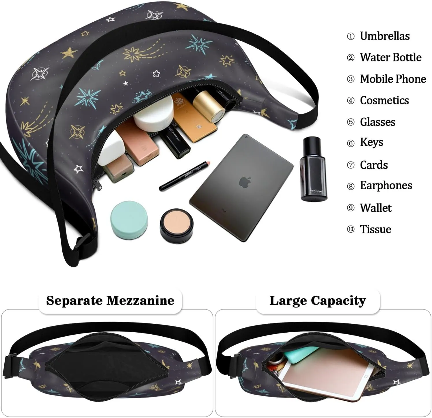 Space Sling Crossbody Bag for Women Crescent Bag with Adjustable Strap Waterproof Nylon Galaxy Shoulder Bag for Daily Work