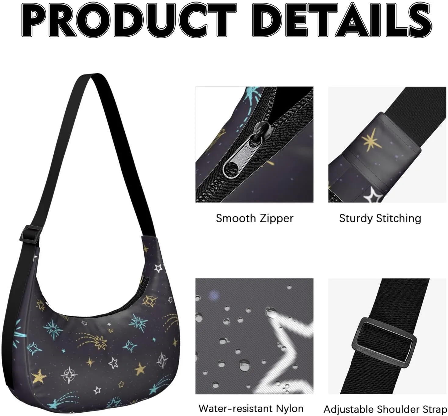 Space Sling Crossbody Bag for Women Crescent Bag with Adjustable Strap Waterproof Nylon Galaxy Shoulder Bag for Daily Work