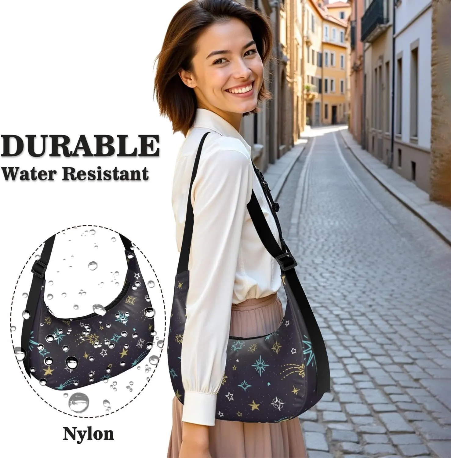 Space Sling Crossbody Bag for Women Crescent Bag with Adjustable Strap Waterproof Nylon Galaxy Shoulder Bag for Daily Work