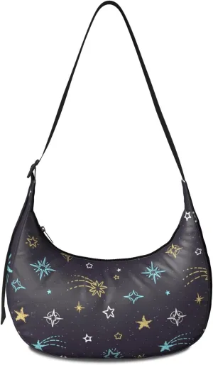 Space Sling Crossbody Bag for Women Crescent Bag with Adjustable Strap Waterproof Nylon Galaxy Shoulder Bag for Daily Work