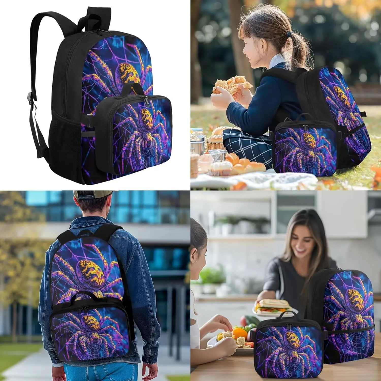 Spider Backpack for Boys with Lunch Box Cool Backpack for School Boys 8-10 6-8 Lightweight School Bag Set of 4 Kids Bookbag with Lunch Box Elementary Kindergarten Back Pack