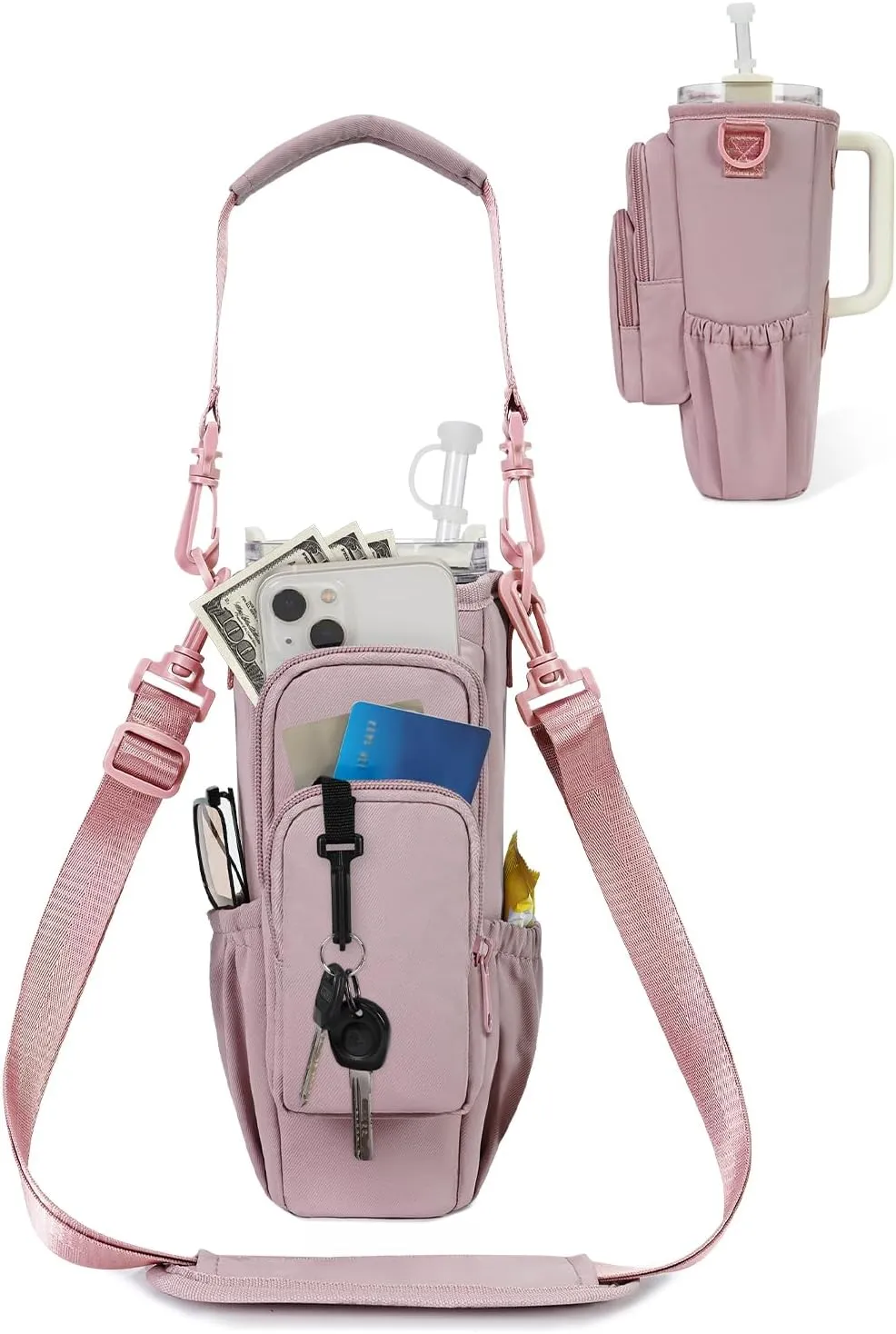 sportsnew Water Bottle Carrier Bag with Phone Pocket for Stanley Brumate era 30oz 40oz Accessories Insulated Water Bottle Holder Pouch with Strap Stanley Cup Sling Bag with Straw Cover for Crossbody