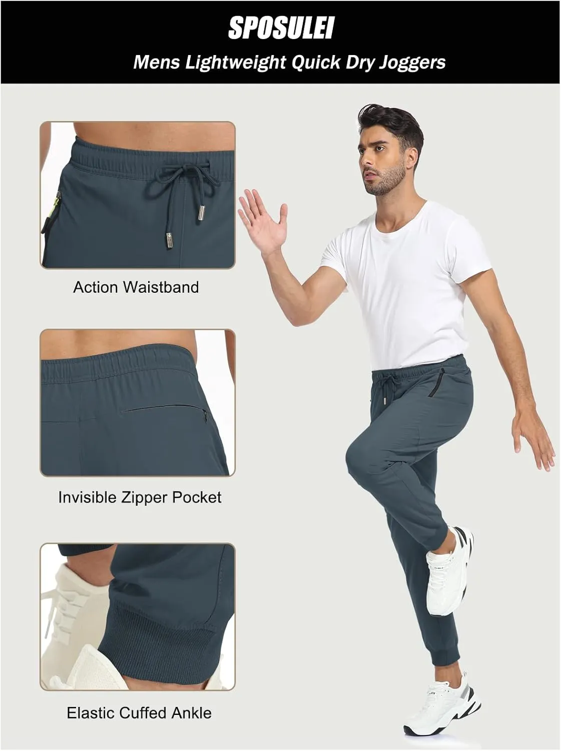 SPOSULEI Mens Joggers Lightweight Athletic Hiking Pants Quick Dry Running Track Gym Sweatpants with Zipper Pockets