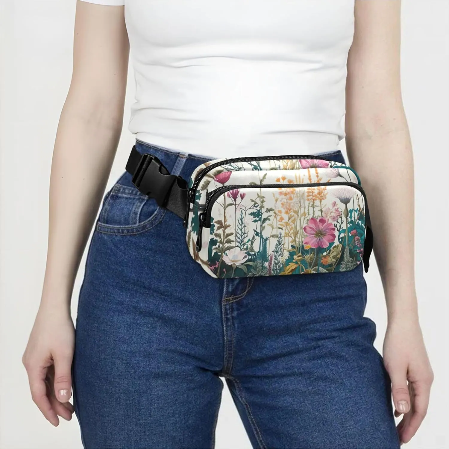 Spring Wildflowers Print Womens Fanny Pack Waterproof Hip Pouch Belt Bag Cute Crossbody Waist Purse