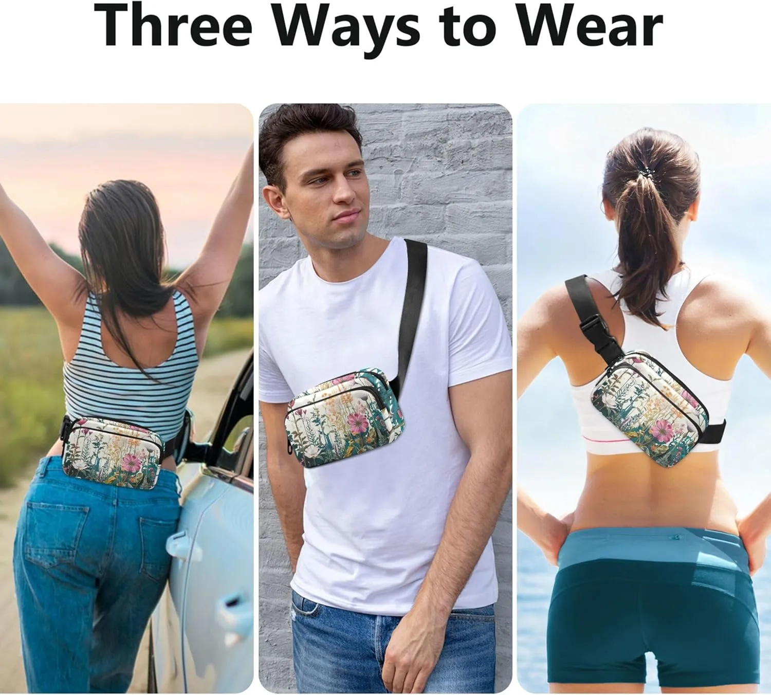 Spring Wildflowers Print Womens Fanny Pack Waterproof Hip Pouch Belt Bag Cute Crossbody Waist Purse