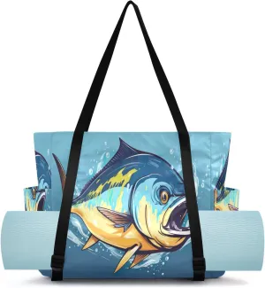 SPRIPORT Tuna Fish Jumping Yoga Mat Bag for Women Pilates Shoulder Carrier Carryall Tote with Large Mat Carrier Pocket Workout Bag for Gym Travel Office Workout Beach