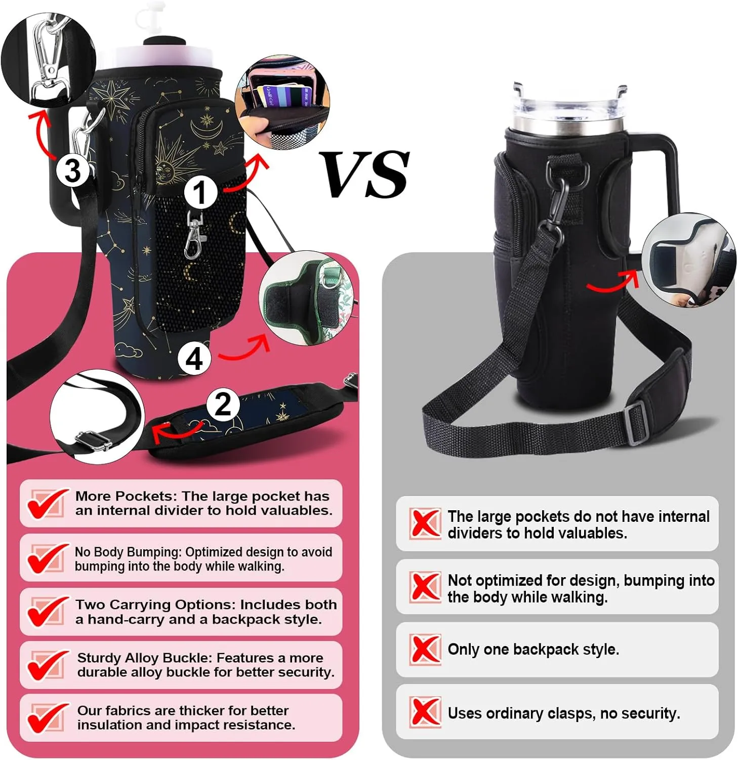 Stanley Carrier Bag for Stanley 40oz/30ozTumbler with Phone with 2 Adjustable Strap,3 Pockets Bottle Stanley Cup Carrier Bag & Case,Accessories for Hiking Travelling