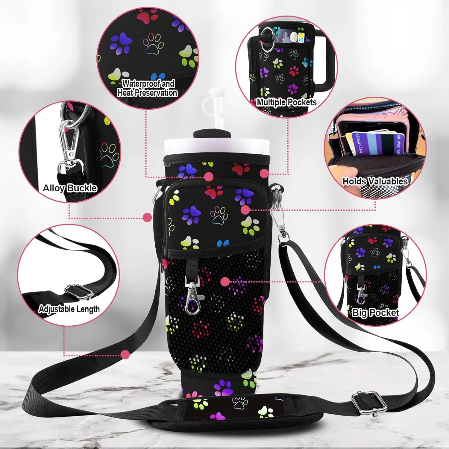 Stanley Carrier Bag for Stanley 40oz/30ozTumbler with Phone with 2 Adjustable Strap,3 Pockets Bottle Stanley Cup Carrier Bag & Case,Accessories for Hiking Travelling