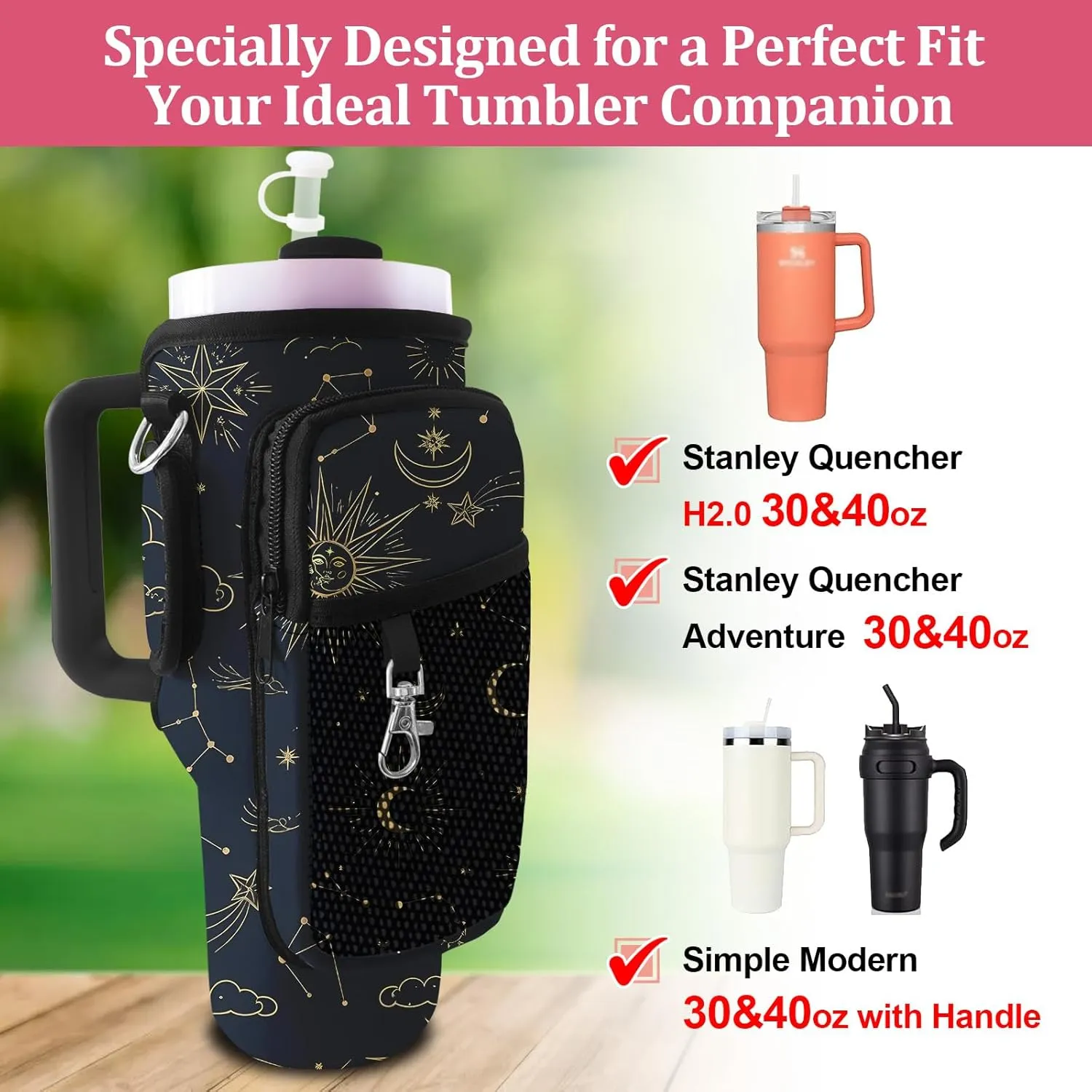 Stanley Carrier Bag for Stanley 40oz/30ozTumbler with Phone with 2 Adjustable Strap,3 Pockets Bottle Stanley Cup Carrier Bag & Case,Accessories for Hiking Travelling