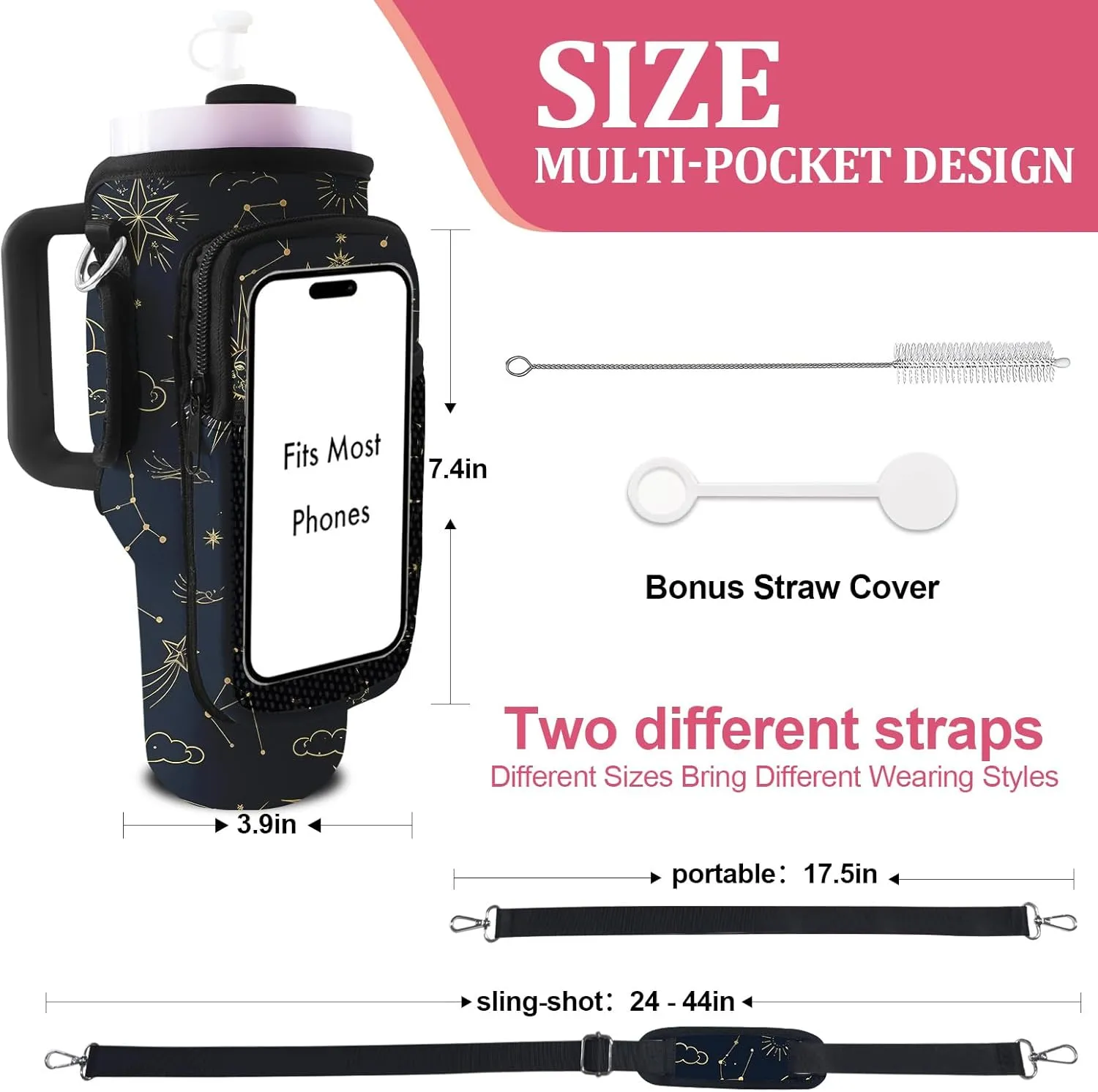 Stanley Carrier Bag for Stanley 40oz/30ozTumbler with Phone with 2 Adjustable Strap,3 Pockets Bottle Stanley Cup Carrier Bag & Case,Accessories for Hiking Travelling