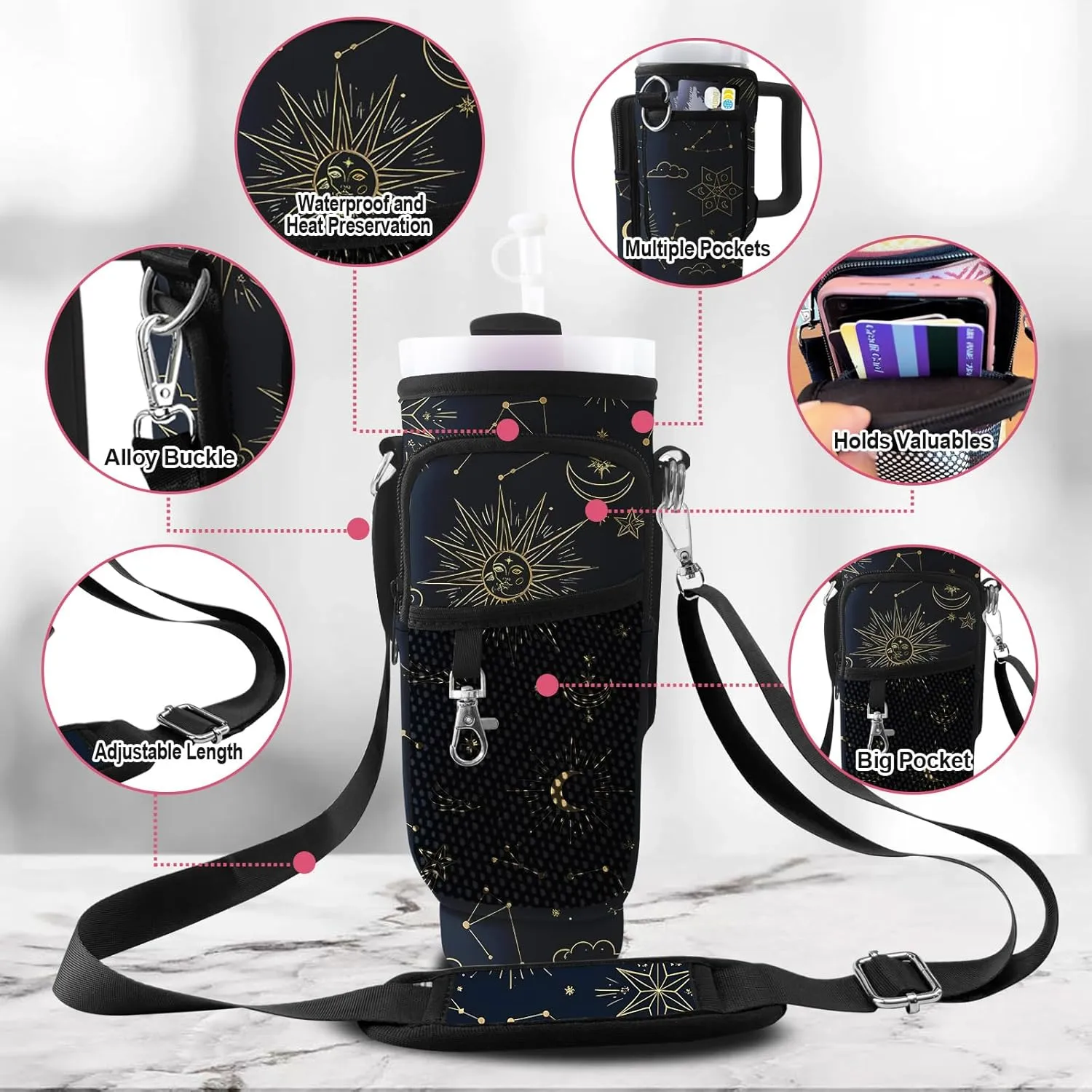 Stanley Carrier Bag for Stanley 40oz/30ozTumbler with Phone with 2 Adjustable Strap,3 Pockets Bottle Stanley Cup Carrier Bag & Case,Accessories for Hiking Travelling
