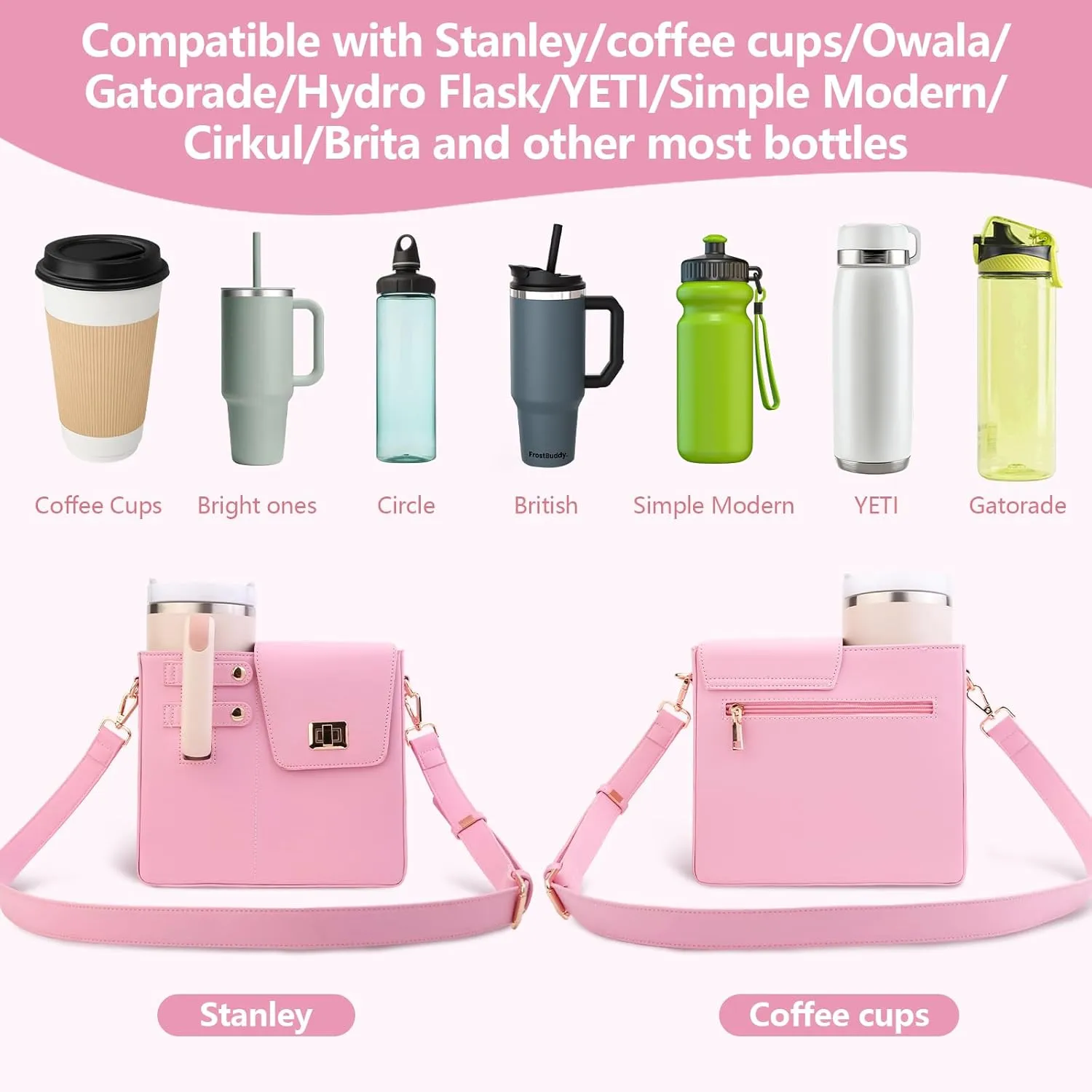 Stanley Cup Purse, Crossbody Bag with Water Bottle Holder, Adjustable Women Shoulder Strap