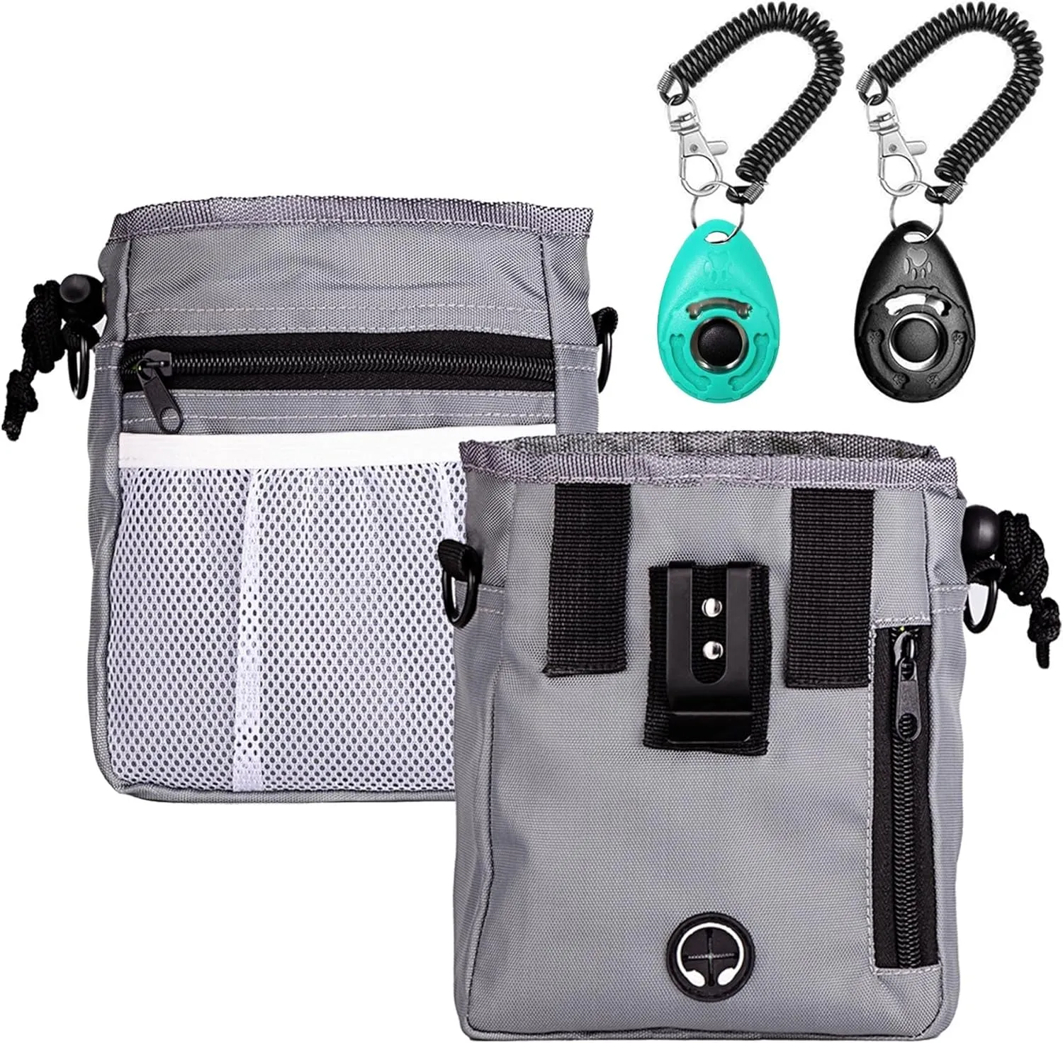STMK Dog Treat Pouch Dog Clicker Training Kit, Dog Training Treat Pouch Dog Clicker for Training, 3 Ways to Wear Easily Carries Treat Pouches for Pet Training (Grey)