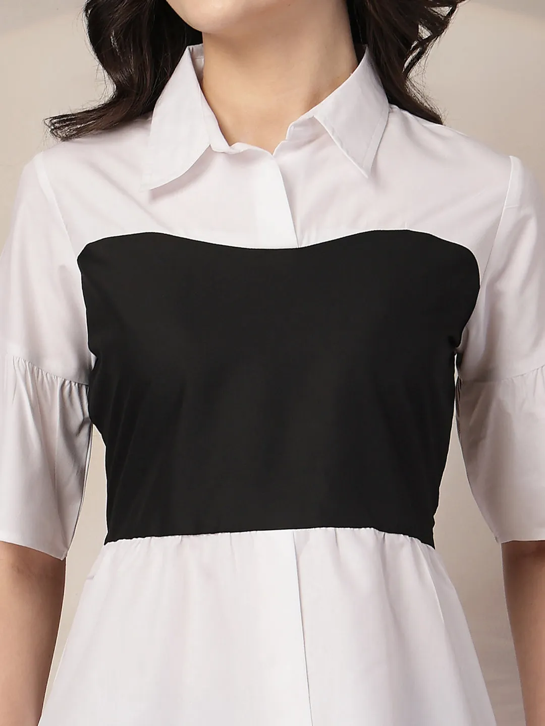 Style Quotient Women Color Block White And Black Regular Fit Semi Formal Polycotton Top