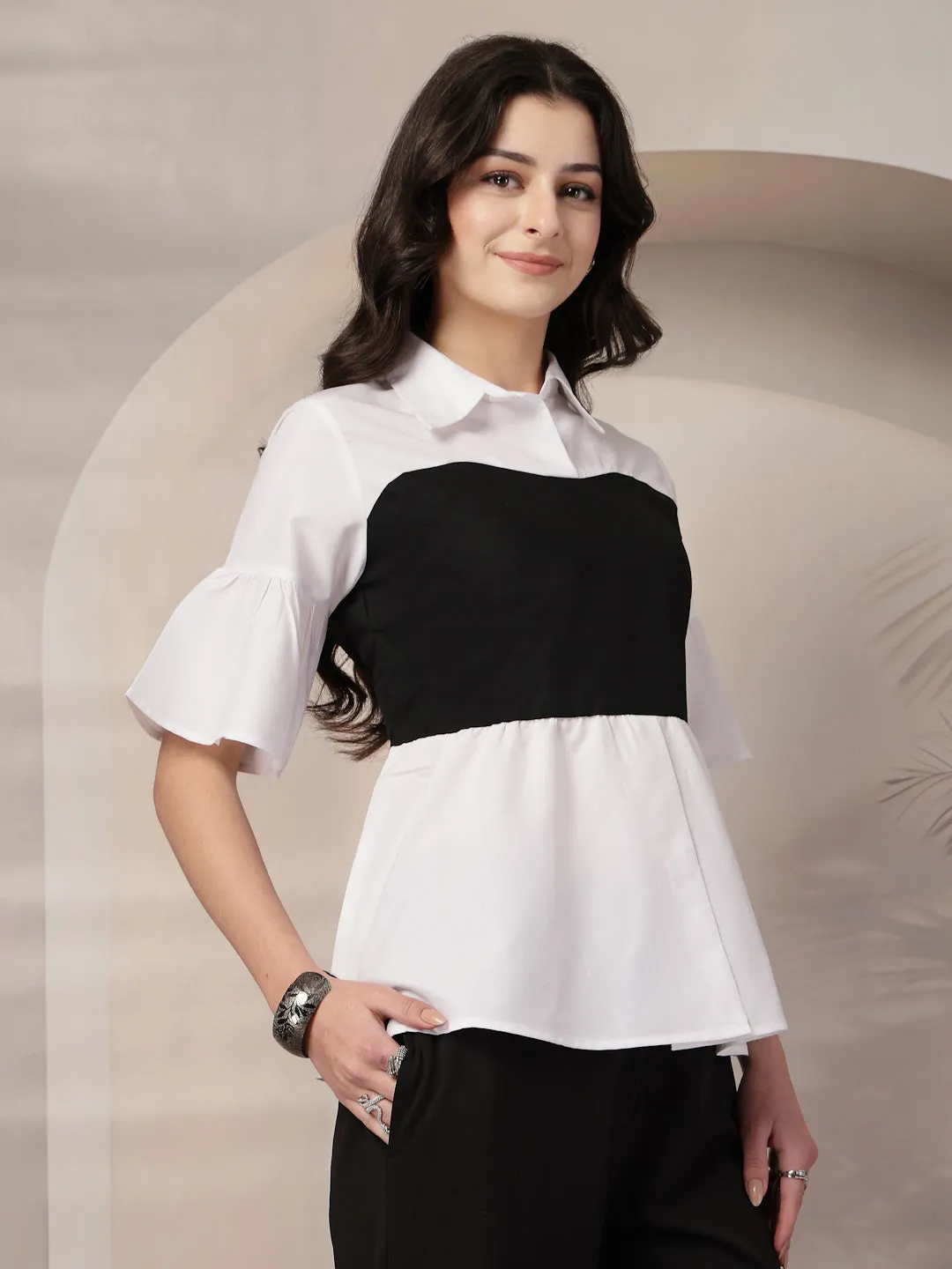 Style Quotient Women Color Block White And Black Regular Fit Semi Formal Polycotton Top