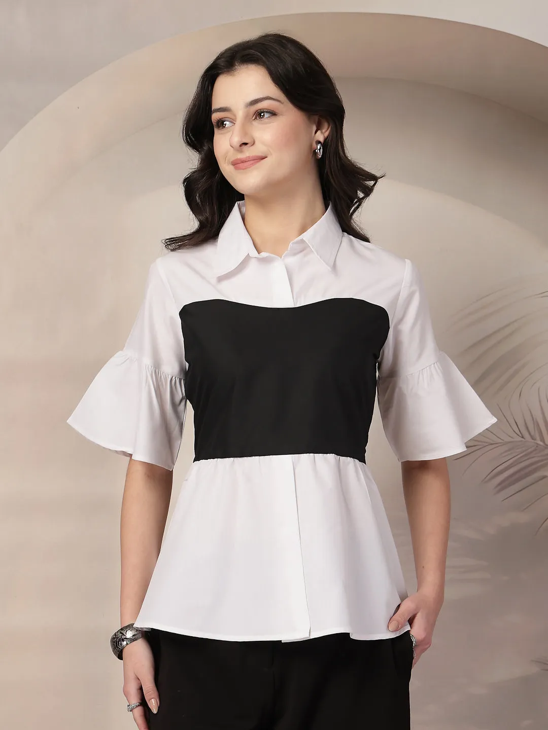 Style Quotient Women Color Block White And Black Regular Fit Semi Formal Polycotton Top