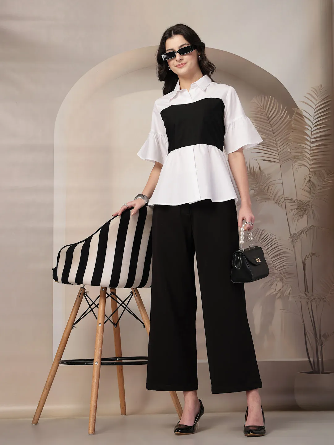 Style Quotient Women Color Block White And Black Regular Fit Semi Formal Polycotton Top