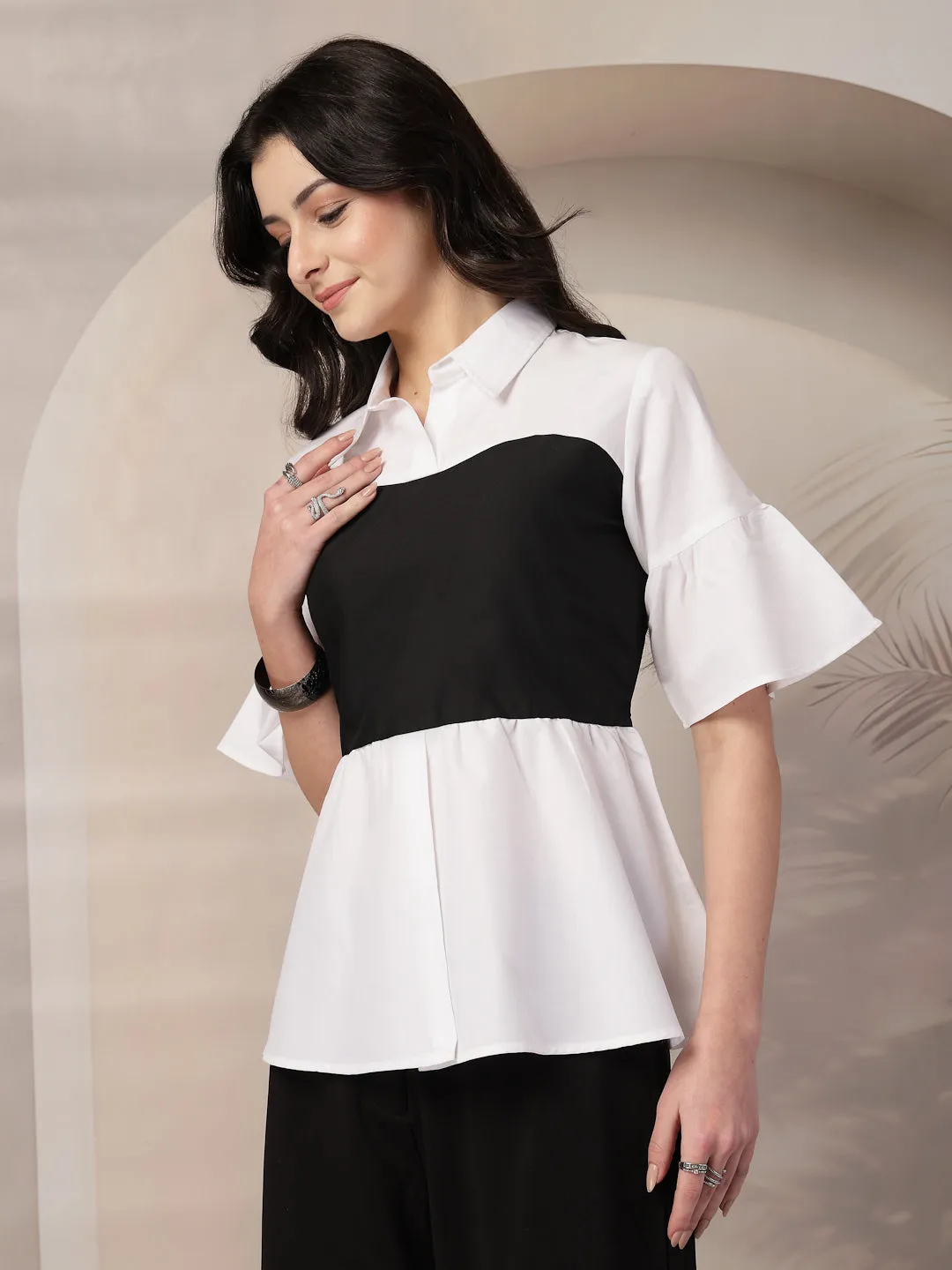 Style Quotient Women Color Block White And Black Regular Fit Semi Formal Polycotton Top