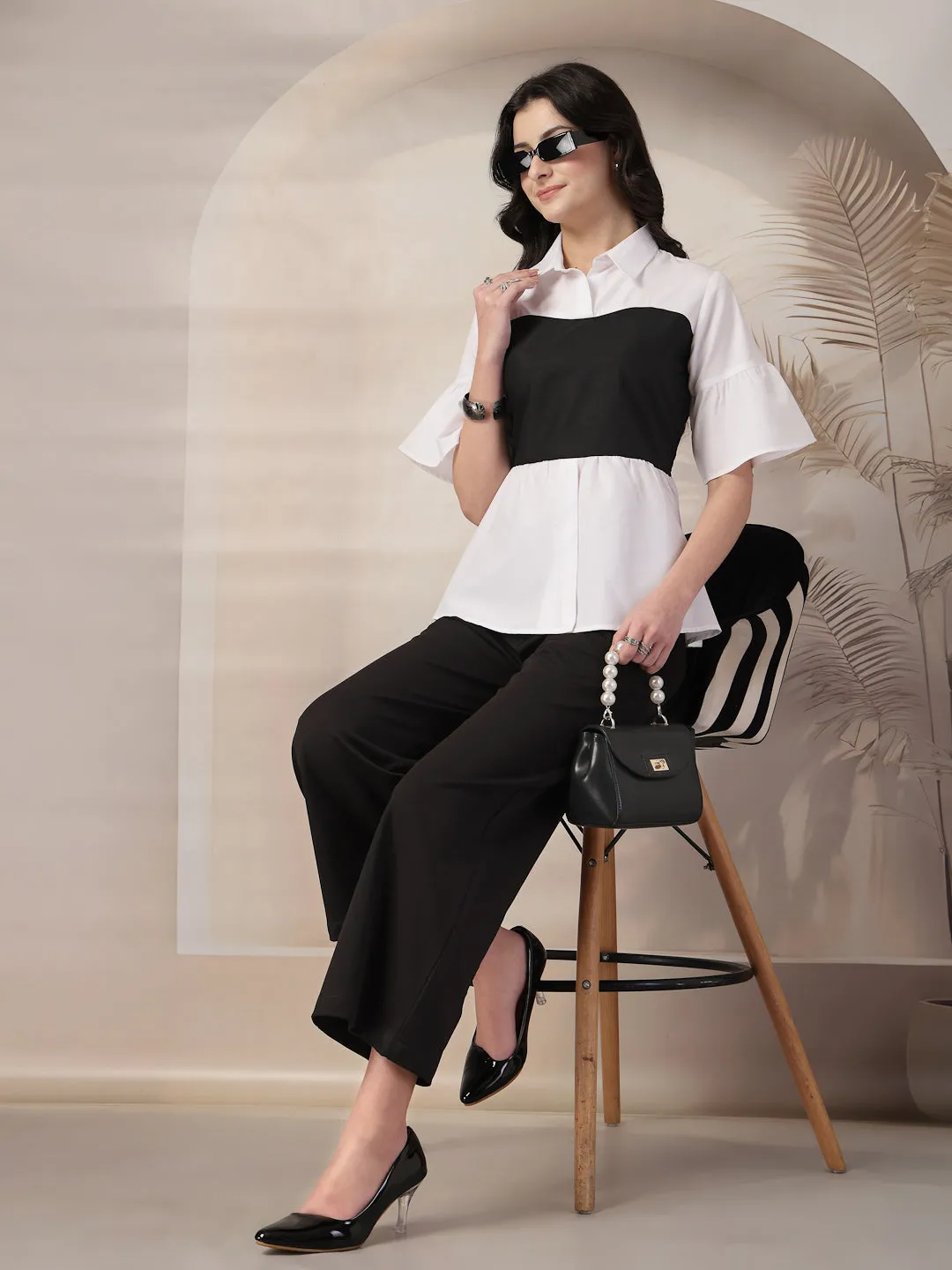 Style Quotient Women Color Block White And Black Regular Fit Semi Formal Polycotton Top