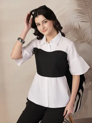 Style Quotient Women Color Block White And Black Regular Fit Semi Formal Polycotton Top
