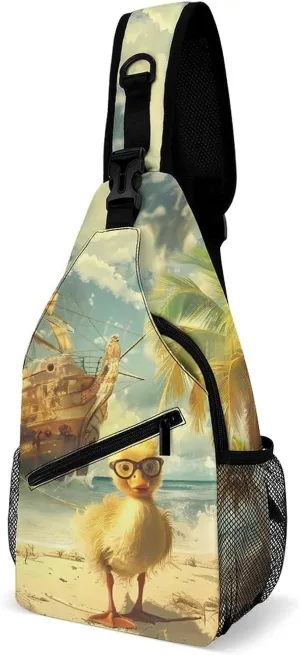 Summer Beach Duck and Coconut Tree Ship Crossbody Bag Over Shoulder Sling Backpack Casual Cross Chest Side Pouch 38x20cm