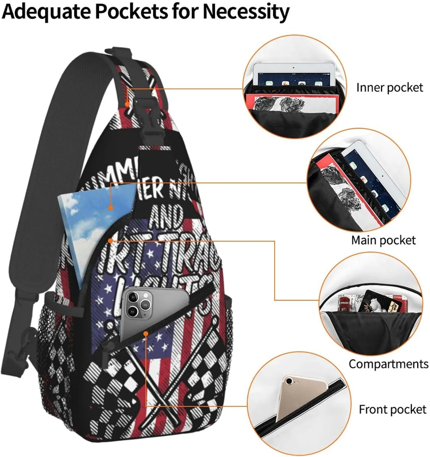 Summer Nights Dirt Track Lights Flag Motocross Racing Crossbody Sling Bag Chest Bags Casual Shoulder Backpack Sport Fanny Pack Gym Diagonally Daypack with Adjustable Strap for Running