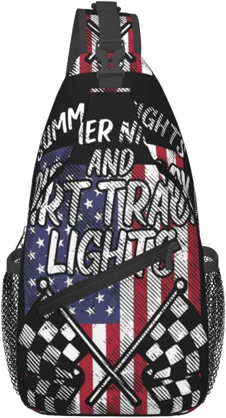 Summer Nights Dirt Track Lights Flag Motocross Racing Crossbody Sling Bag Chest Bags Casual Shoulder Backpack Sport Fanny Pack Gym Diagonally Daypack with Adjustable Strap for Running