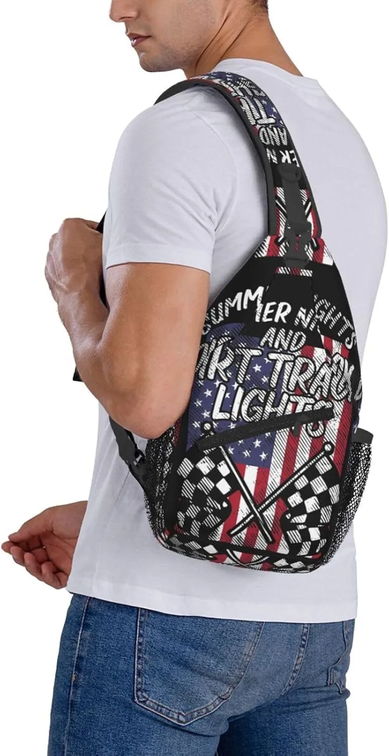 Summer Nights Dirt Track Lights Flag Motocross Racing Crossbody Sling Bag Chest Bags Casual Shoulder Backpack Sport Fanny Pack Gym Diagonally Daypack with Adjustable Strap for Running